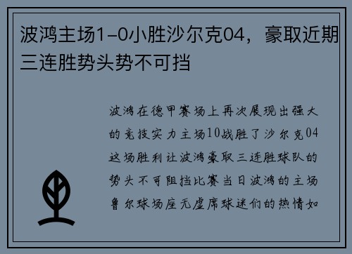 波鸿主场1-0小胜沙尔克04，豪取近期三连胜势头势不可挡