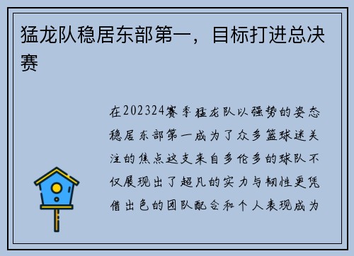 猛龙队稳居东部第一，目标打进总决赛